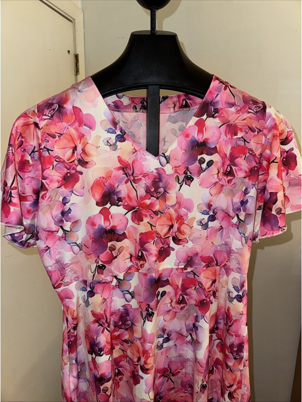 Flutter Sleeve Maxi Floral Dress Medium Pink Purple V-neck Short Sleeve